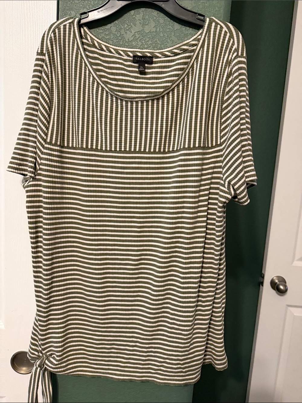 Talbots Olive & White Striped Short Sleeve Scoop Neck Top with Side Tie